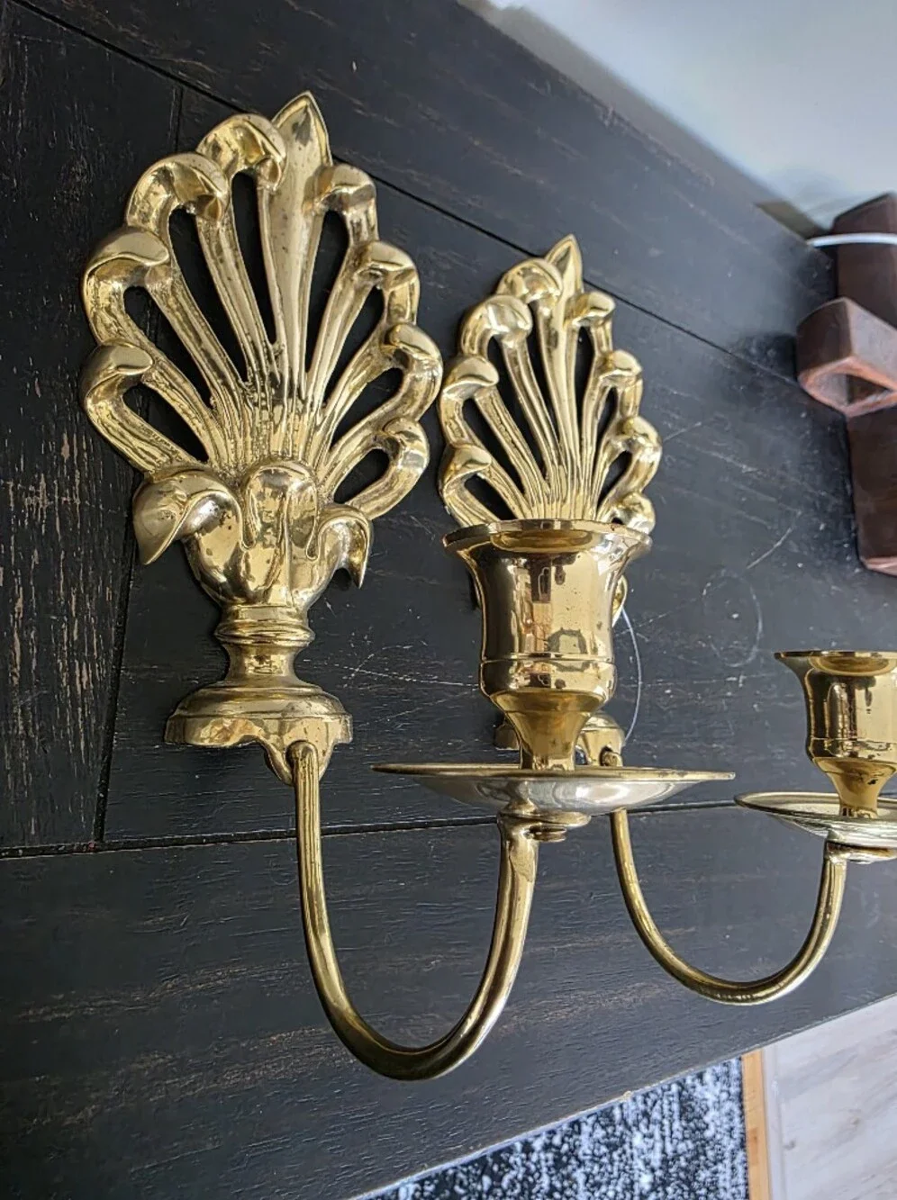 Set Of 2 Brass Gold Taper Candle Wall Sconce Holder Vtg Peacock 9' Small